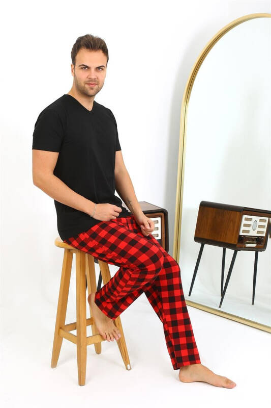 Akbeniz Men's Plaid Pattern Jersey Single Bottom Pajama 27540 Bordeaux - 3