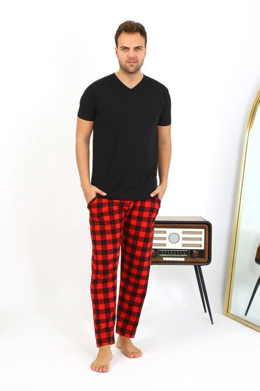 Akbeniz Men's Plaid Pattern Jersey Single Bottom Pajama 27540 Bordeaux - 1