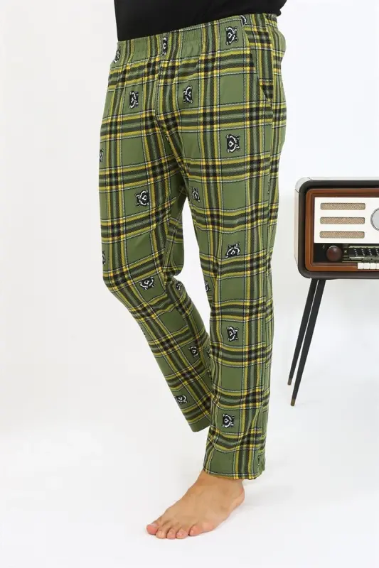 Akbeniz Men's Plaid Pattern Knitted Bottom Pajamas 27540 Khaki - 1