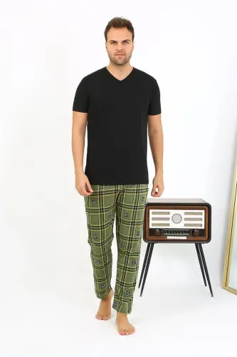 Akbeniz Men's Plaid Pattern Knitted Bottom Pajamas 27540 Khaki - 2