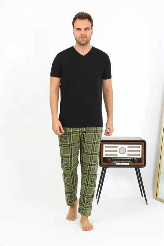 Akbeniz Men's Plaid Pattern Knitted Bottom Pajamas 27540 Khaki - 2
