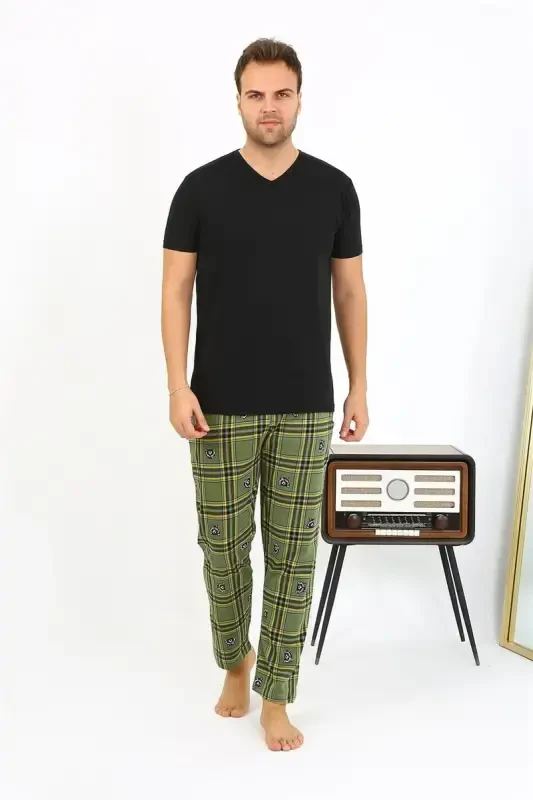 Akbeniz Men's Plaid Pattern Knitted Bottom Pajamas 27540 Khaki - 2