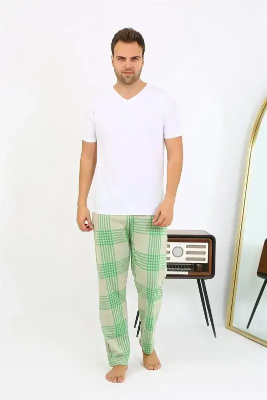 Akbeniz Men's Plaid Patterned Knitted Bottom Pajama 27540 Green - 2
