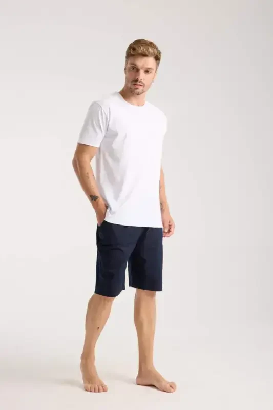 Akbeniz Men's Pocketed Lacoste Cotton Knitted Shorts Navy Blue - 1