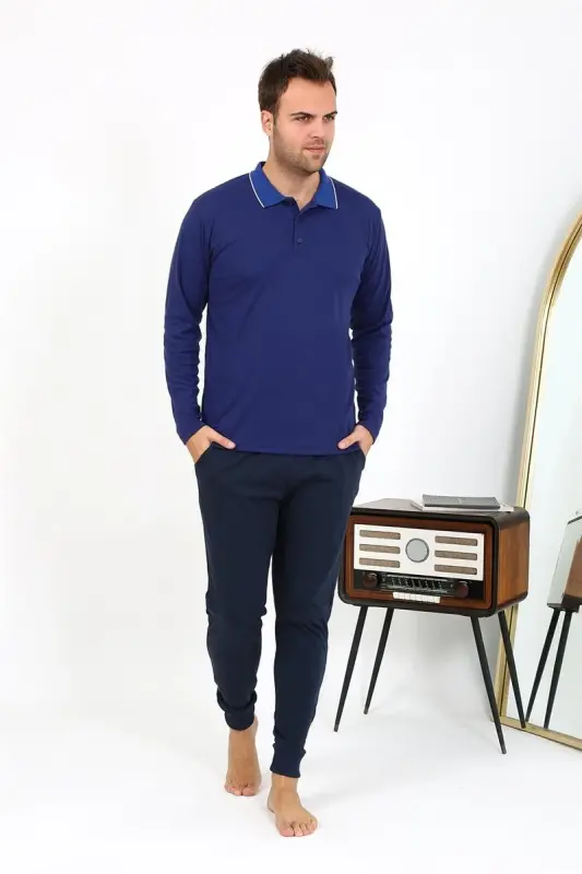 Akbeniz Men's Polo Collar Long Sleeve Combed Cotton Pajama Set Navy Blue 6865 - 1