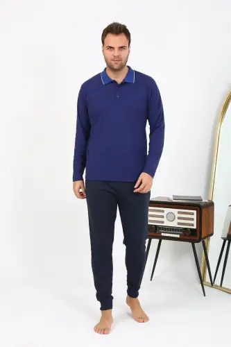 Akbeniz Men's Polo Collar Long Sleeve Combed Cotton Pajama Set Navy Blue 6865 - 3