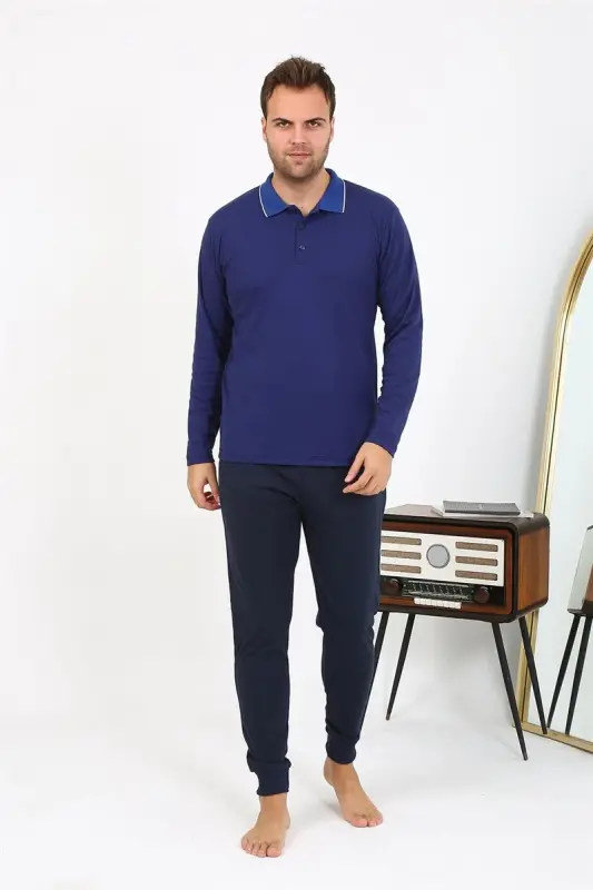 Akbeniz Men's Polo Collar Long Sleeve Combed Cotton Pajama Set Navy Blue 6865 - 3