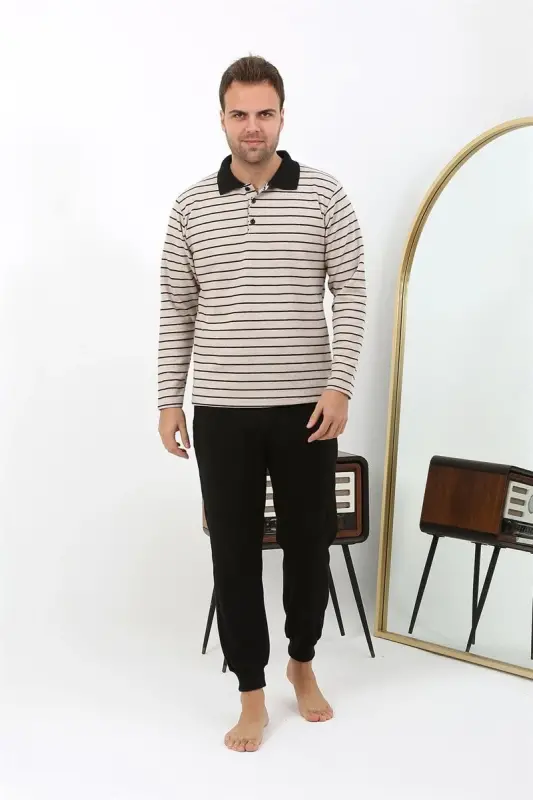 Akbeniz Men's Polo Collar Long Sleeve Knitted Pajama Set 6862 Cream - 3