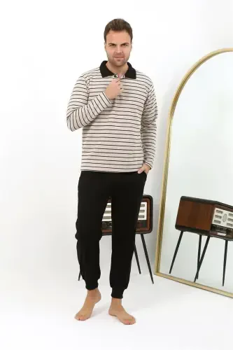 Akbeniz Men's Polo Collar Long Sleeve Knitted Pajama Set 6862 Cream - AKBENIZ (1)