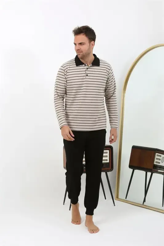 Akbeniz Men's Polo Collar Long Sleeve Knitted Pajama Set 6862 Cream - 5