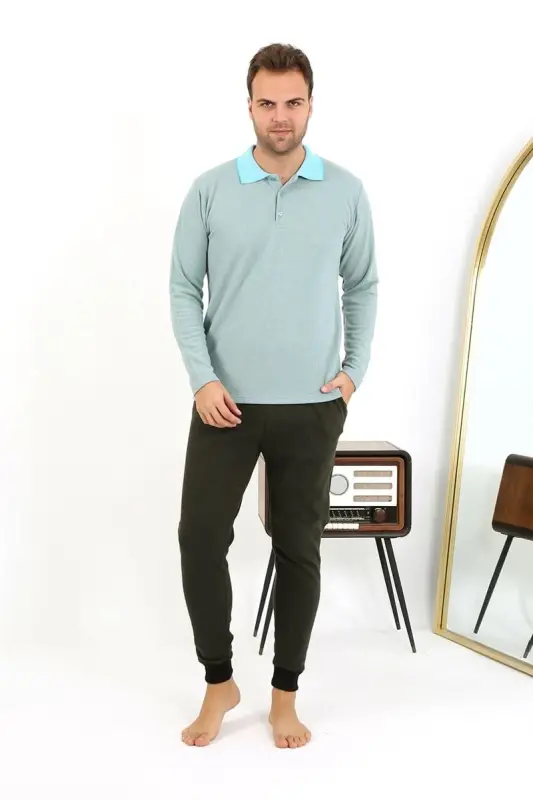 Akbeniz Men's Polo Collar Long Sleeve Knitted Pajama Set 6862 Sea Green - 2