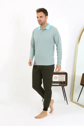 Akbeniz Men's Polo Collar Long Sleeve Knitted Pajama Set 6862 Sea Green - 4