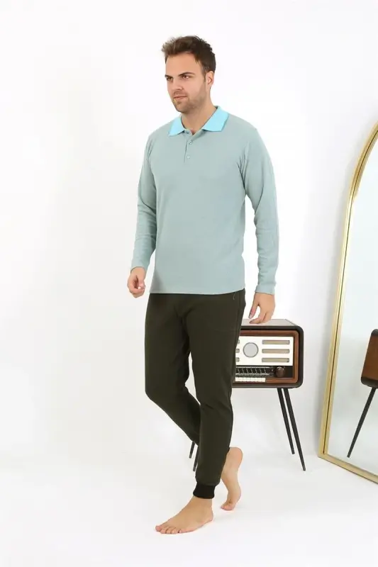 Akbeniz Men's Polo Collar Long Sleeve Knitted Pajama Set 6862 Sea Green - 4