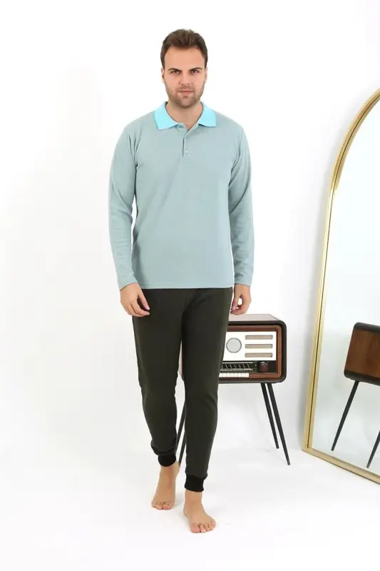 Akbeniz Men's Polo Collar Long Sleeve Knitted Pajama Set 6862 Sea Green - 5