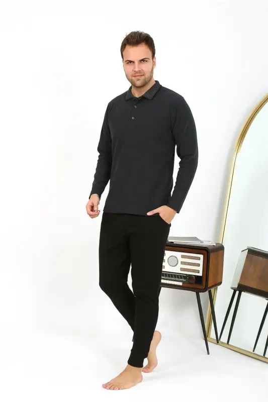 Akbeniz Men's Polo Collar Long Sleeve Knitted Pajama Set Anthracite 6865 - 2