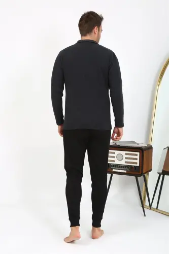 Akbeniz Men's Polo Collar Long Sleeve Knitted Pajama Set Anthracite 6865 - 4