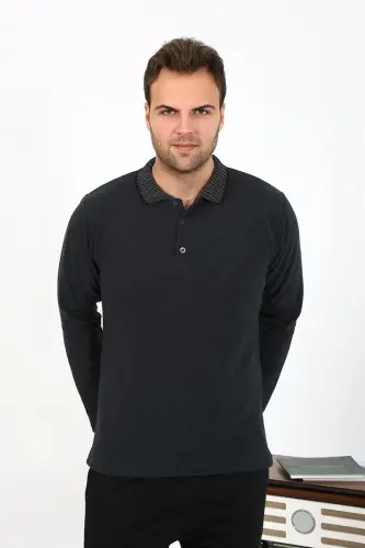 Akbeniz Men's Polo Collar Long Sleeve Knitted Pajama Set Anthracite 6865 - 7