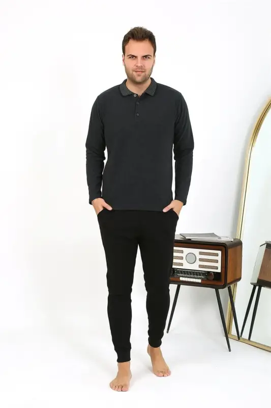 Akbeniz Men's Polo Collar Long Sleeve Knitted Pajama Set Anthracite 6865 - 1