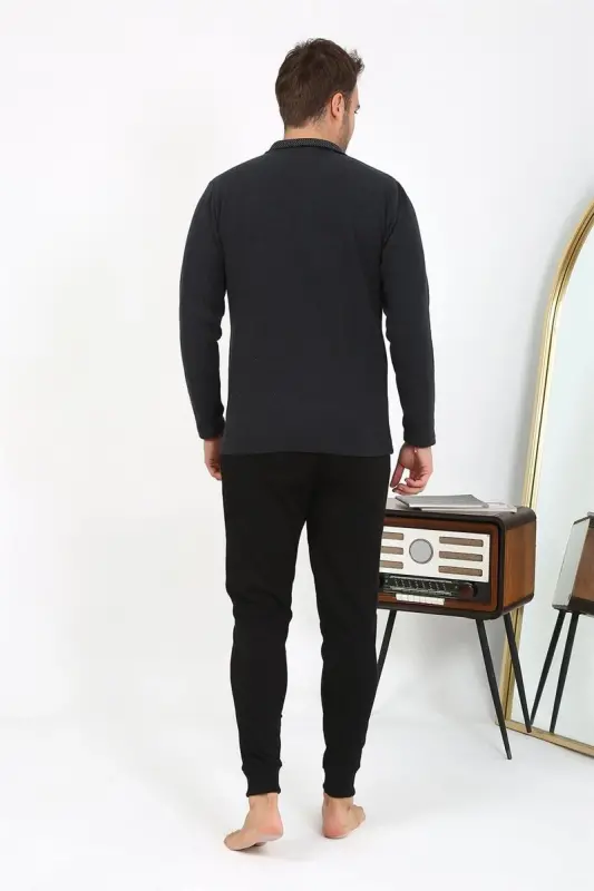 Akbeniz Men's Polo Collar Long Sleeve Knitted Pajama Set Anthracite 6865 - 4