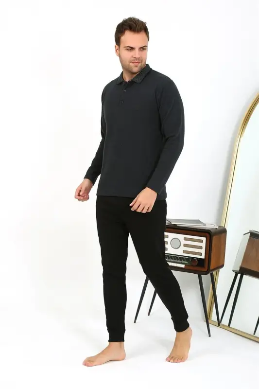 Akbeniz Men's Polo Collar Long Sleeve Knitted Pajama Set Anthracite 6865 - 5