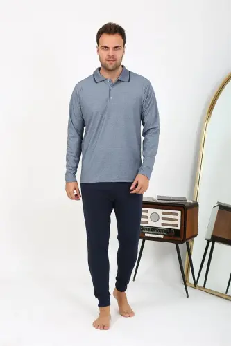 Akbeniz Men's Polo Collar Long Sleeve Knitted Pajama Set Gray 6865 - 3