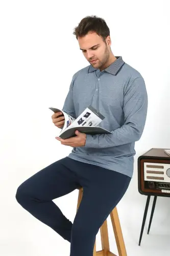 Akbeniz Men's Polo Collar Long Sleeve Knitted Pajama Set Gray 6865 - 2