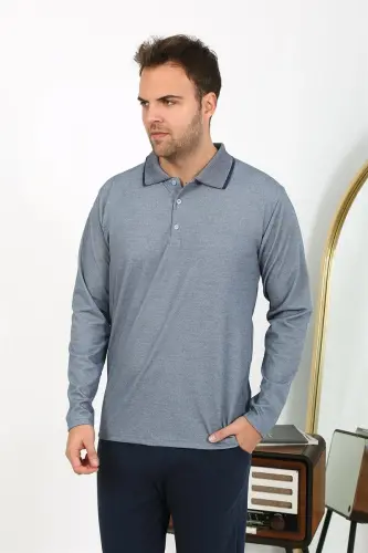 Akbeniz Men's Polo Collar Long Sleeve Knitted Pajama Set Gray 6865 - 5