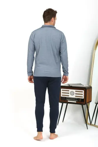 Akbeniz Men's Polo Collar Long Sleeve Knitted Pajama Set Gray 6865 - 6