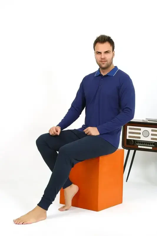 Akbeniz Men's Polo Collar Long Sleeve Knitted Pajama Set Navy Blue 6865 - AKBENIZ