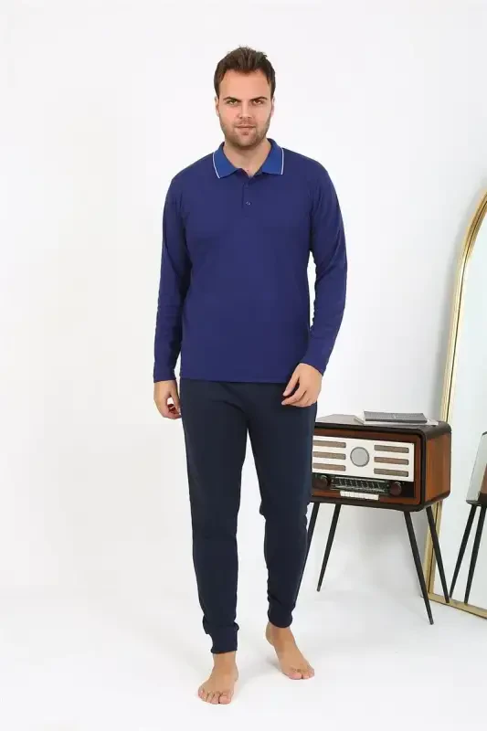 Akbeniz Men's Polo Collar Long Sleeve Knitted Pajama Set Navy Blue 6865 - 2
