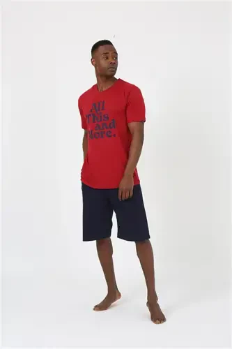 Akbeniz Men's Short Sleeve Burgundy Knitwear Shorts Pajamas Set 20372 - 1