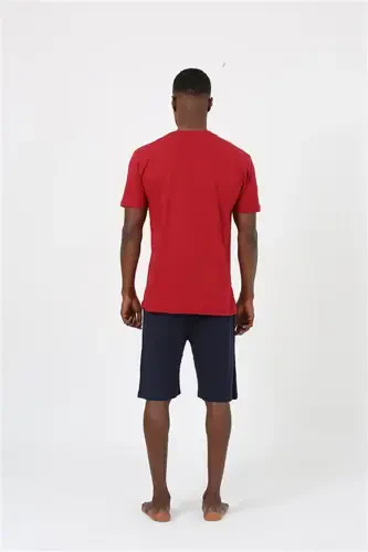 Akbeniz Men's Short Sleeve Burgundy Knitwear Shorts Pajamas Set 20372 - 6
