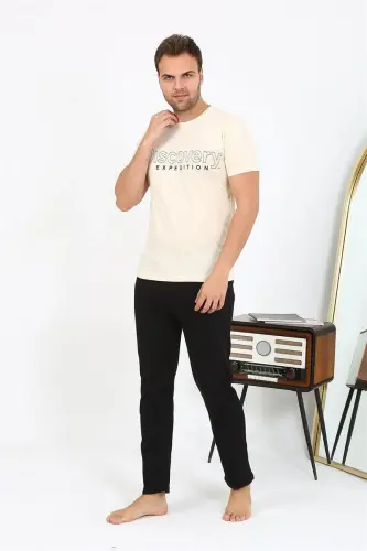 Akbeniz Men's Short Sleeve Knitted Pajamas Set 6866 Cream - 6