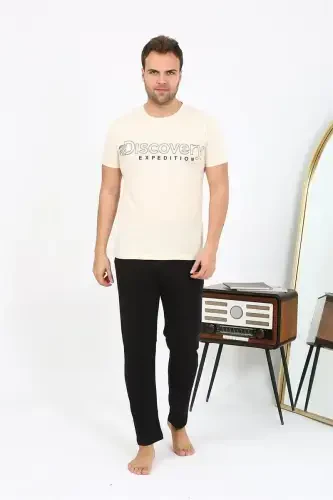 Akbeniz Men's Short Sleeve Knitted Pajamas Set 6866 Cream - 3