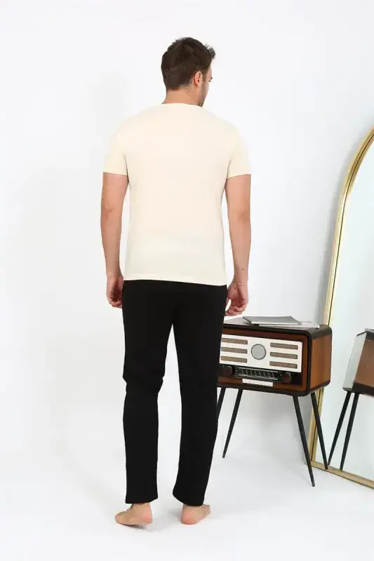 Akbeniz Men's Short Sleeve Knitted Pajamas Set 6866 Cream - 5