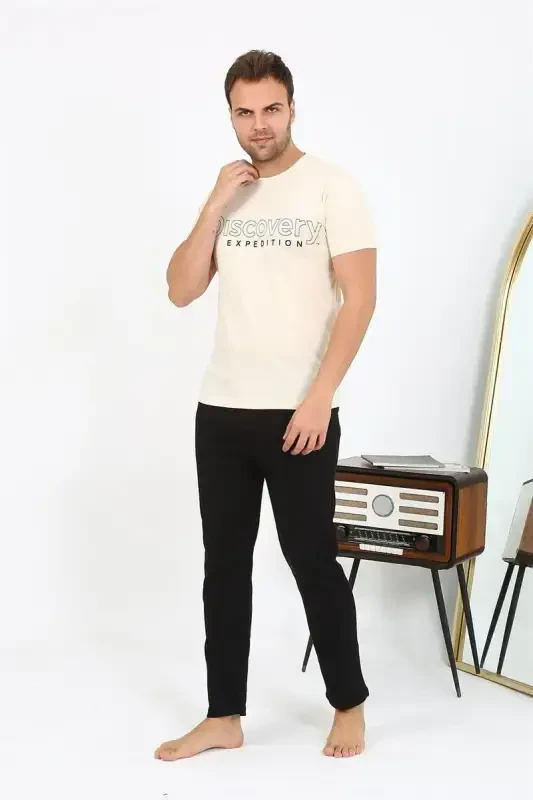 Akbeniz Men's Short Sleeve Knitted Pajamas Set 6866 Cream - 6