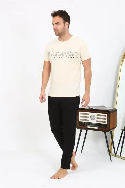 Akbeniz Men's Short Sleeve Knitted Pajamas Set 6866 Cream - 7