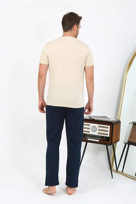 Akbeniz Men's Short Sleeve Knitted Pajamas Set 6867 Cream - AKBENIZ