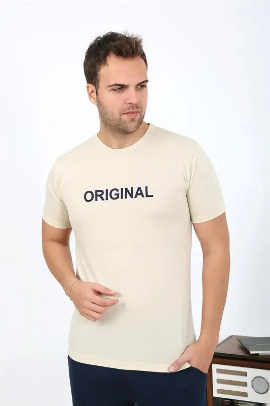 Akbeniz Men's Short Sleeve Knitted Pajamas Set 6867 Cream - 4
