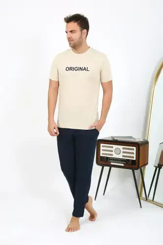 Akbeniz Men's Short Sleeve Knitted Pajamas Set 6867 Cream - 6