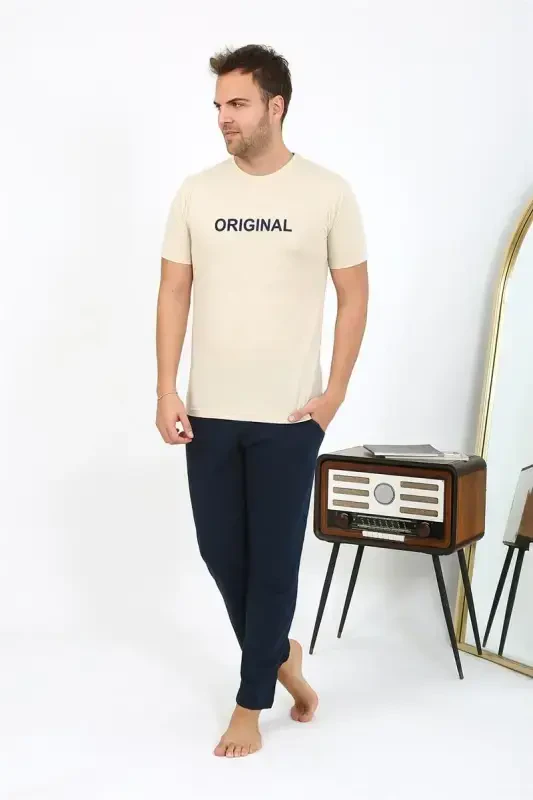 Akbeniz Men's Short Sleeve Knitted Pajamas Set 6867 Cream - 6