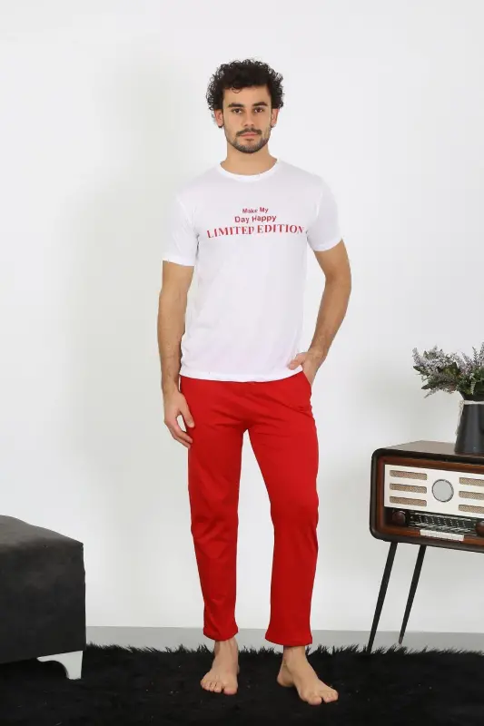 Akbeniz Men's Short Sleeve Knitted White Pajamas Set 6846 - 1