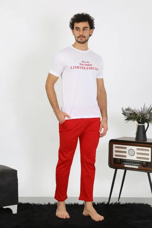 Akbeniz Men's Short Sleeve Knitted White Pajamas Set 6846 - 3