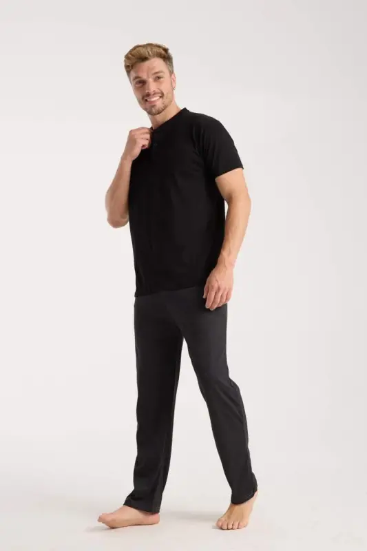 Akbeniz Men's Smokey Buttoned Collar Short Sleeve Pajama Set - 2