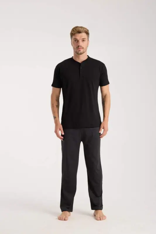 Akbeniz Men's Smokey Buttoned Collar Short Sleeve Pajama Set - 5