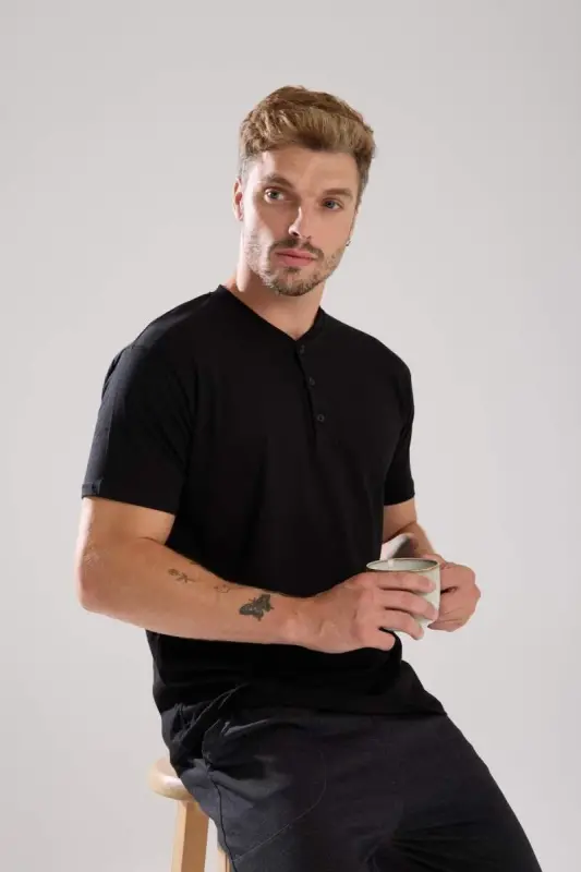 Akbeniz Men's Smokey Buttoned Collar Short Sleeve Pajama Set - 6