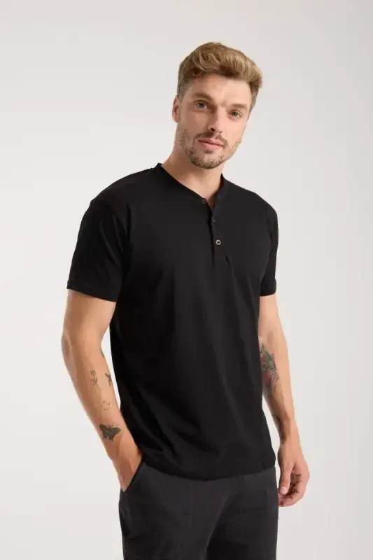 Akbeniz Men's Smokey Buttoned Collar Short Sleeve Pajama Set - 1