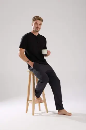 Akbeniz Men's Smokey Buttoned Collar Short Sleeve Pajama Set - 4