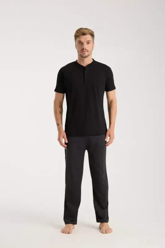 Akbeniz Men's Smokey Buttoned Collar Short Sleeve Pajama Set - 5