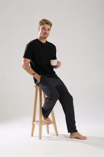 Akbeniz Men's Smokey Gray Buttoned Collar Short Sleeve Pajama Set - 4